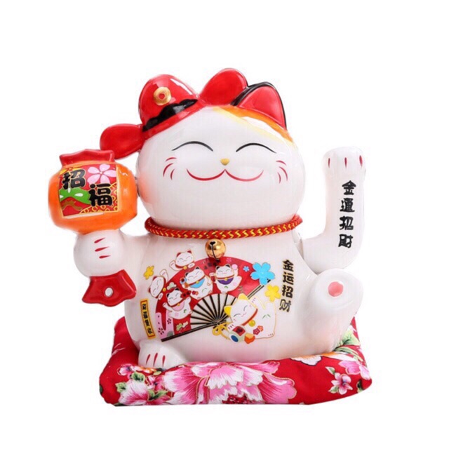 Mèo Thần Tài Sứ , Mèo May Mắn Maneki Neko vẫy tay cao 16cm