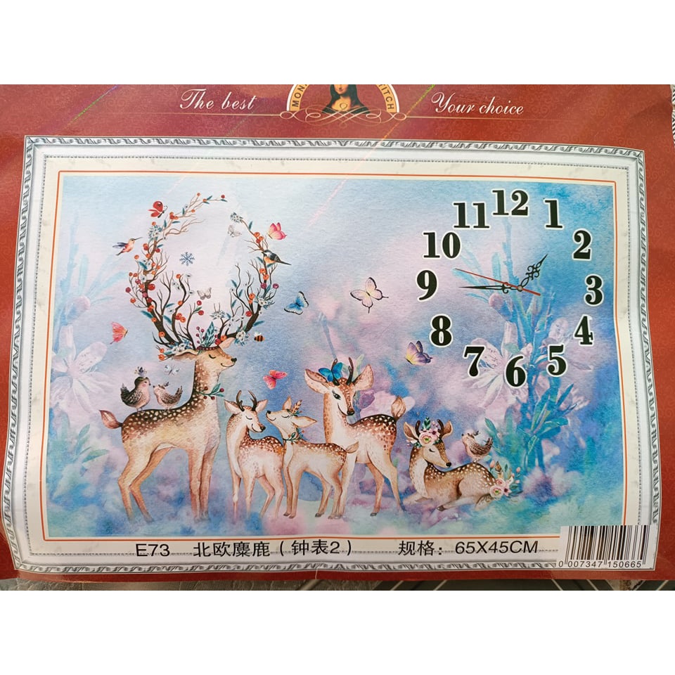 Tranh thêu chữ thập đồng hồ hươu tài lộc E73-65x45cm