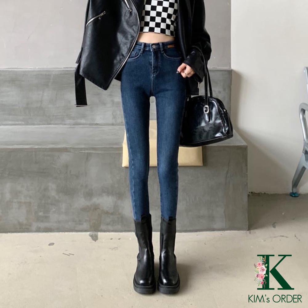 Quần jean nữ màu xanh đen skinny ống côn dài cạp lưng cao tôn dáng chất co dãn loại 1 style Hàn Quốc cá tính sành điệu