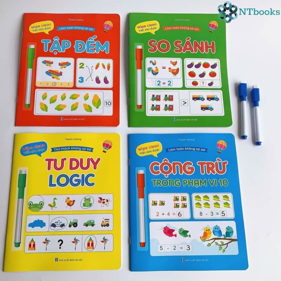 Sách - Bộ Vở viết xóa được - Làm toán không sợ sai - Wipe Clean - 4 cuốn - tặng kèm 2 bút