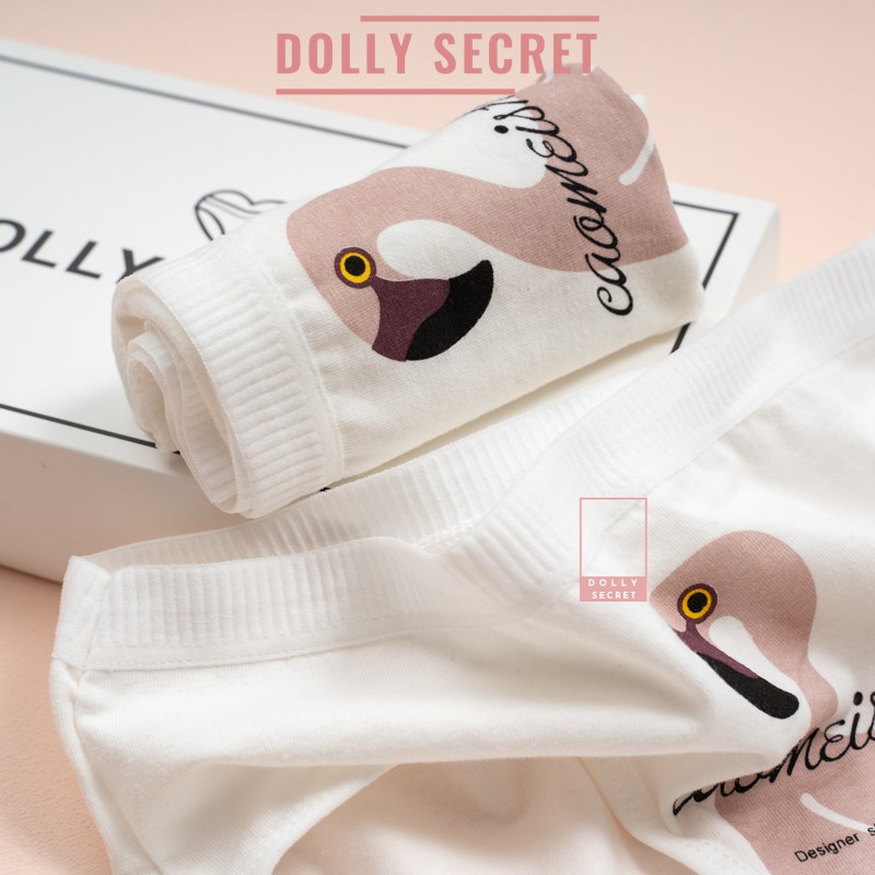Quần lót nữ cotton cao cấp nâng mông màu trắng in 1 hình hồng hạc lớn dễ thương đáng yêu DOLLY SECRET QL007