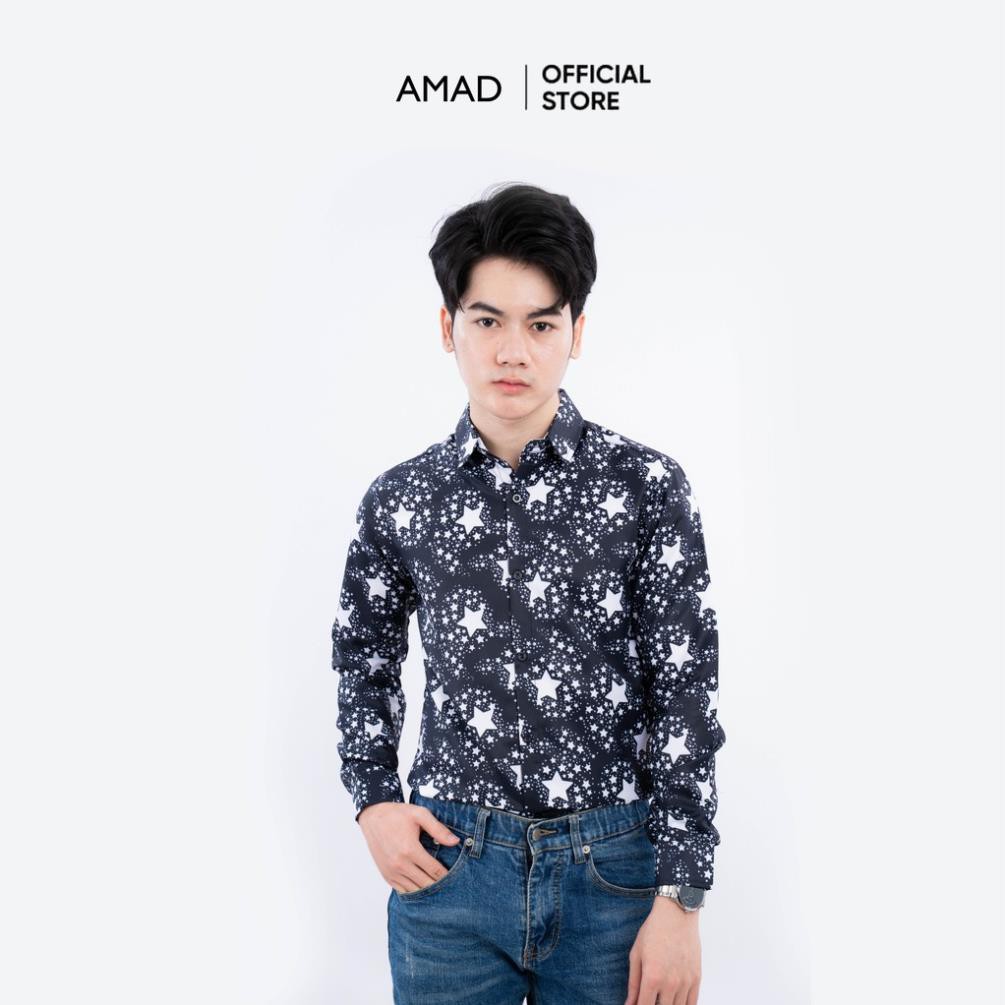 Áo sơ mi nam dài tay vải lụa in hoạ tiết cao cấp mặc đi chơi đi tiệc thanh lịch phong cách AMAD