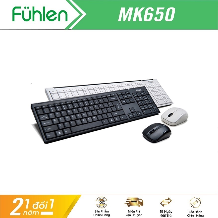 Bộ bàn phím và chuột không dây Fuhlen MK650 (Màu đen và trắng) - Hàng chính hãng BH 2 năm