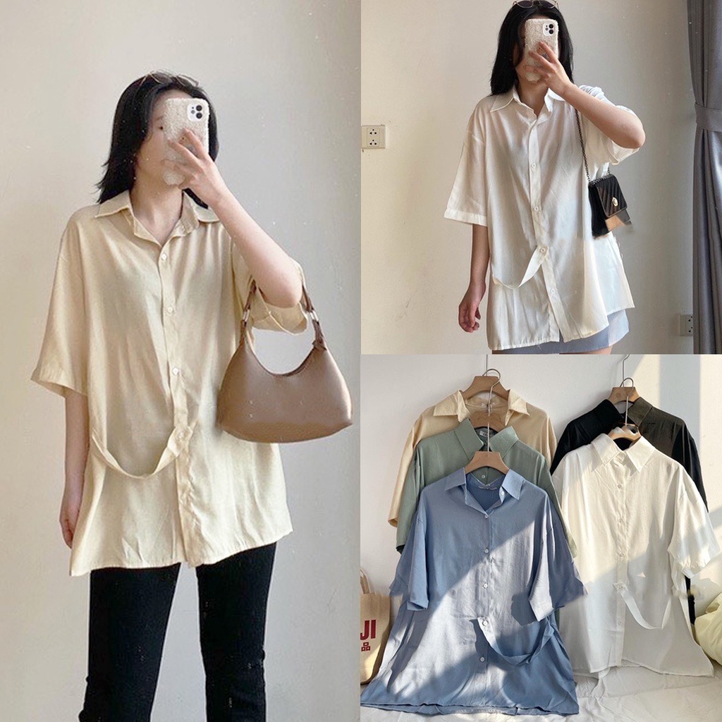 Áo sơ mi Hàn Quốc, Áo sơ mi trơn dáng rộng cộc tay thắt dây bên Ulzzang