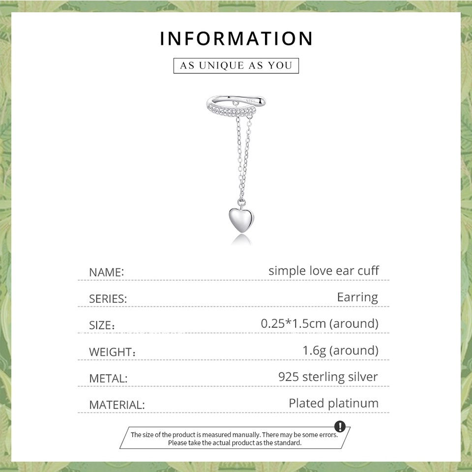 Khuyên tai đơn BAMOER bạc 925 dạng kẹp trang trí trái tim thời trang xinh xắn