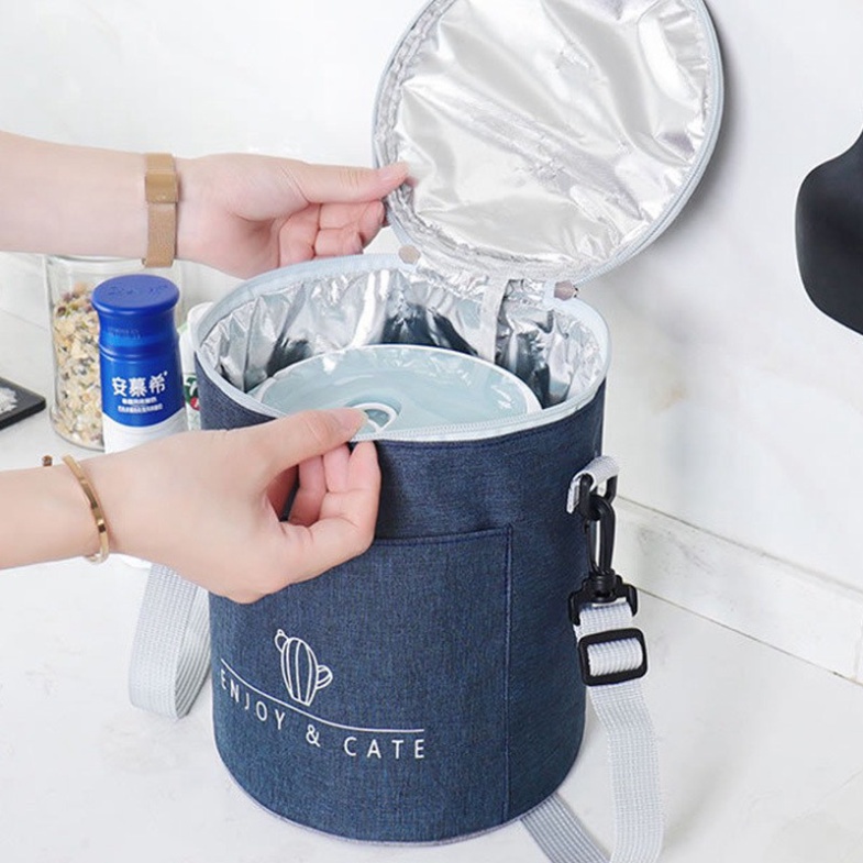 Túi Đựng Đồ Ăn Giữ Nhiệt Hình Trụ 2 Ngăn - Túi Đựng Cơm Hộp Tròn Có Quai Đeo, 3 Lớp Cách Nhiệt, Vải Chống Thấm Cao Cấp