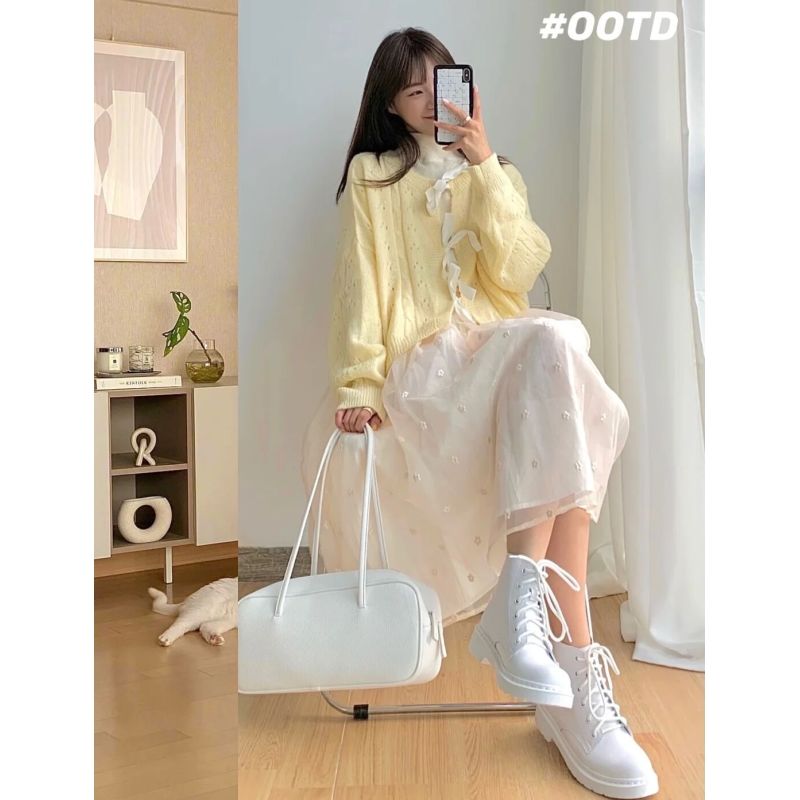 Set Đầm Dệt Kim Phối Áo Sweater Thắt Nơ Xinh Xắn Phong Cách Hàn Quốc