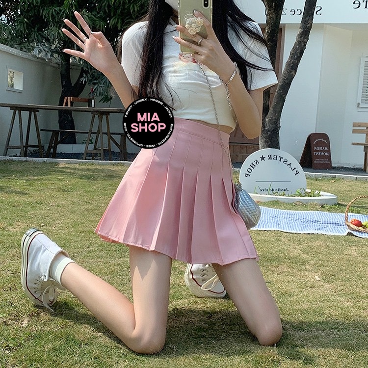 Chân váy xếp ly MIA, Chân váy tennis dáng ngắn xòe chữ A lưng cao, màu hồng pastel, có bigsize