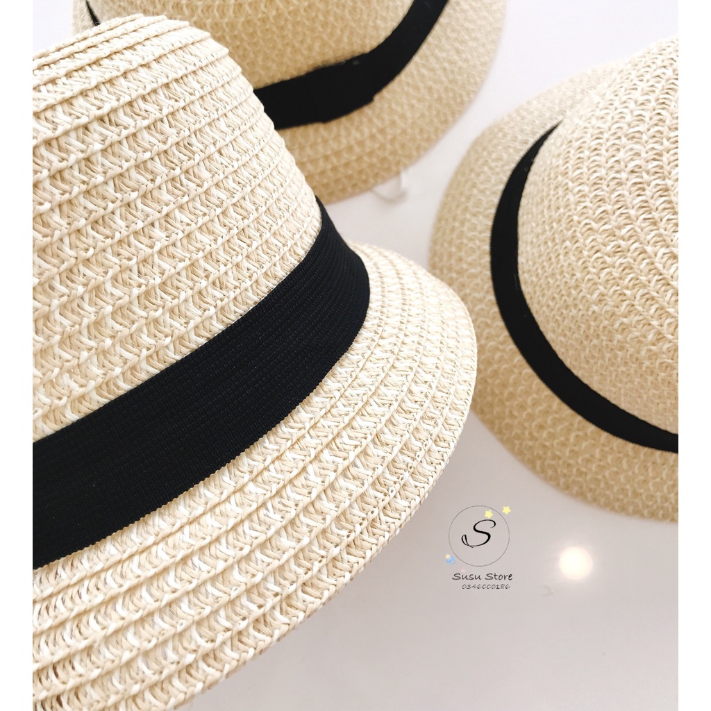 Mup 128: Mũ cói đai đen cho bé từ 9m-36m