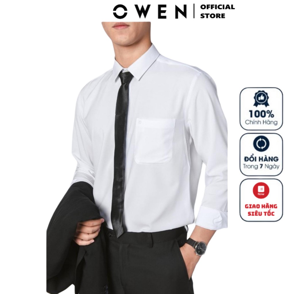 Áo Sơ Mi Nam Tay Dài Owen AR22752D dáng Regular fit màu trắng trơn vải sợi sồi