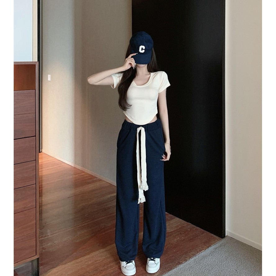 Quần Dài Thể Thao Lưng Thun Ống Rộng Rãi Màu Đen Thời Trang Hàn Quốc Sành Điệu Cho Nữ