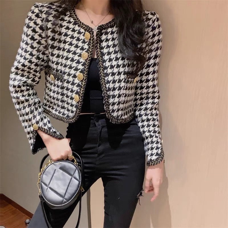 Áo Dạ Tweed Quảng Châu Kẻ Ziczac Dáng Ngắn (Hàng QC 2 Lớp Dày dặn) Áo Khoác Dạ Tweed Form Đứng