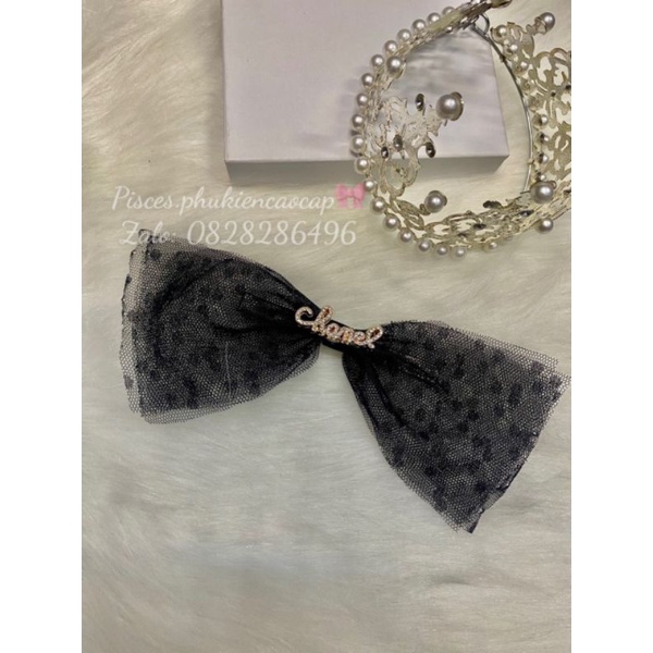 kẹp tóc nơ hot gơn nơ to phối ren chấm bi c.h.a.n.nel (kẹp mỏ vịt, kẹp sao 3 tầng)