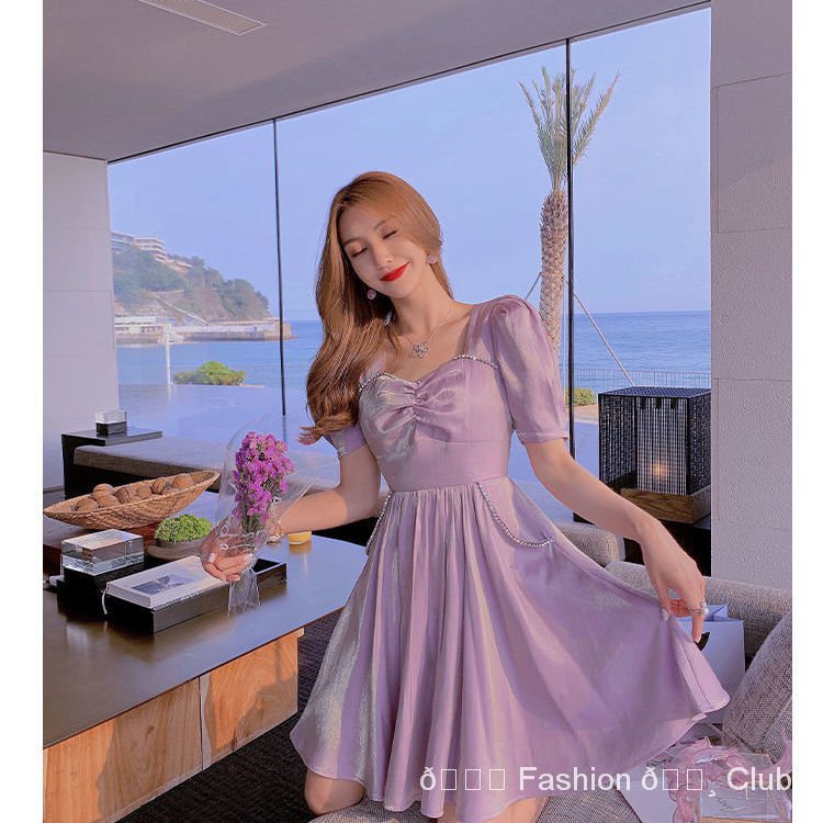 Puff Sleeve Dress Elegant Cocktail Party Birthday Dress Luxury Fairy Silk Dress Purple Violet Dress Short Long Maxi Dress