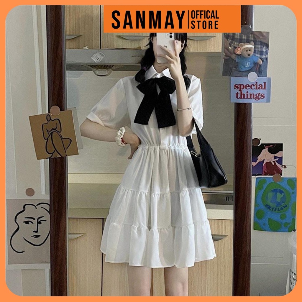 Váy Babydoll Trắng Tay Ngắn Dáng Xòe SANJOLI Đầm Đi Dự Tiệc Cưới,Đi Chơi,Form Rộng Cổ Sơ Mi Ulzzang Hàn Quốc VD044 | BigBuy360 - bigbuy360.vn