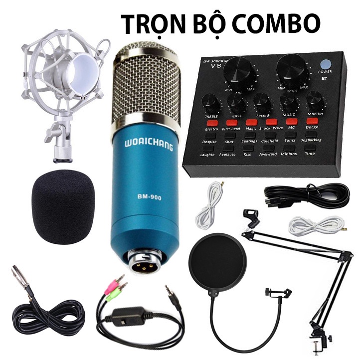 Combo Sound Card V8,Dây live stream, màn lọc âm, giá đỡ, BM900
