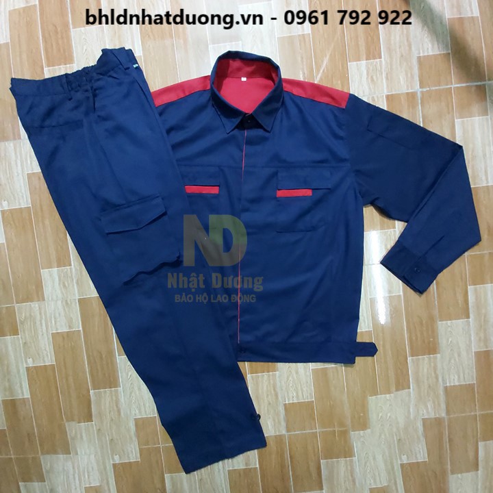 Quần áo bảo hộ lao động nam nữ TB11 vải kaki 65/35 màu xanh tím than phối đỏ -Nsafe