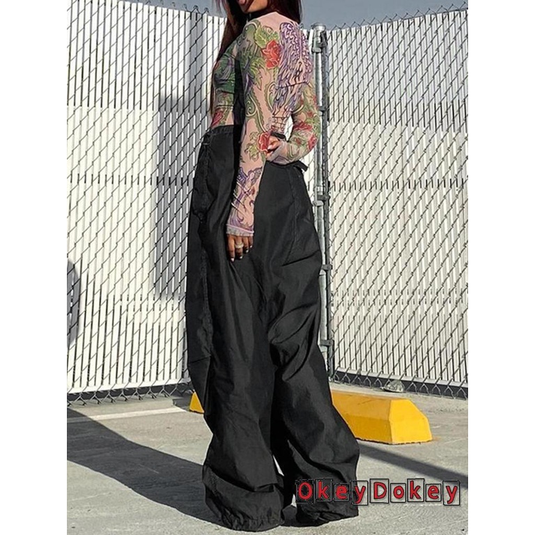 Quần Baggy Y2K Màu Trơn Dáng Rộng Phối Túi Cho Nữ Hàng Ngày