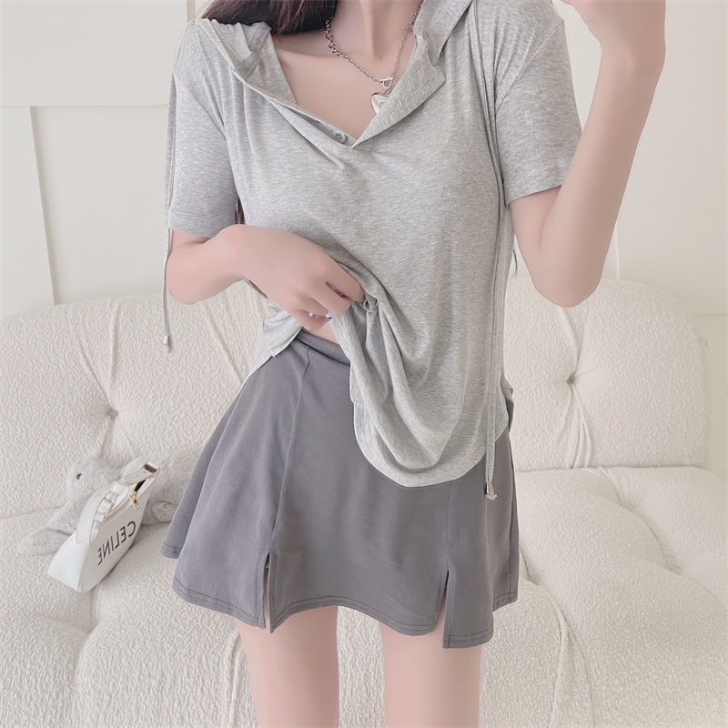 Áo Thun Tay Ngắn Có Nón Trùm Đầu Dáng Ôm Thời Trang Mùa Hè Phong Cách Hàn Quốc Cho Nữ