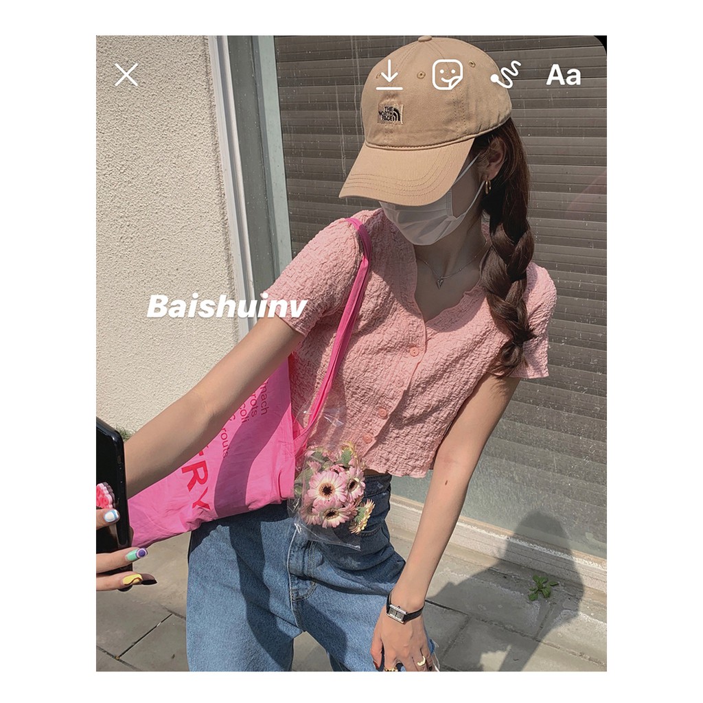 Xiaozhainv Áo croptop tay ngắn cổ V màu trơn thời trang gợi cảm cho nữ