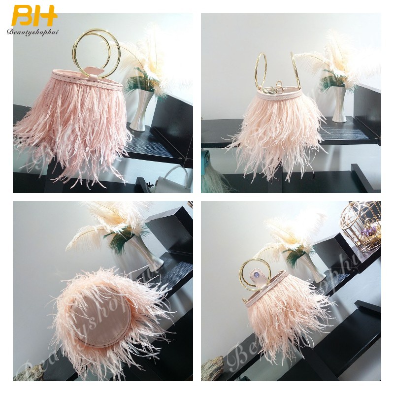 Túi Xách Lông Đà Điểu Phối Dây Xích Đeo Vai Thời Trang Cho Nữ