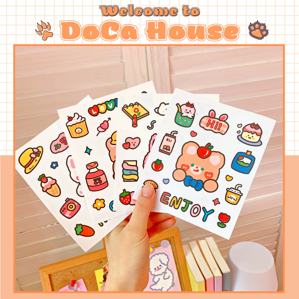Miếng dán sticker gấu thỏ dễ thương, sticker trong suốt DOCA chống nước trang trí sách vở sổ tay, decor bàn học đồ dùng