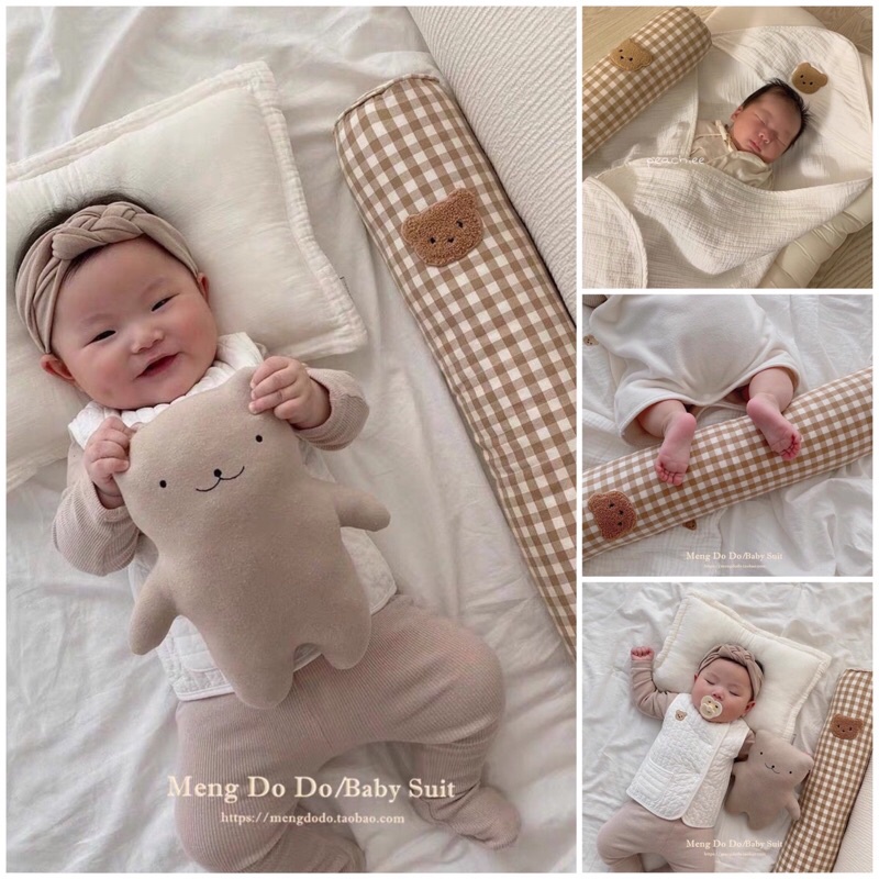 Gối Ôm ❤️ gối ôm bông cho bé gấu teddy kẻ caro kháng khuẩn vải cotton chất lượng cao siêu bền không xù lông nhập khẩu