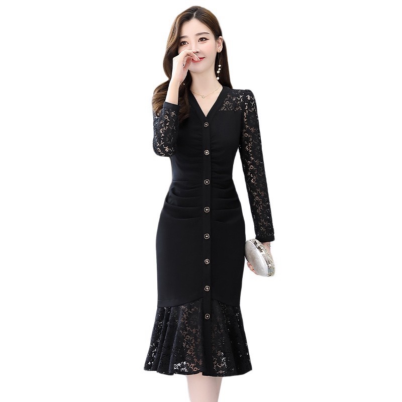 Đầm body dự tiệc phối ren đính nút sang chảnh nổi bật cho quý cô/ có size 70KG LANA FASHION