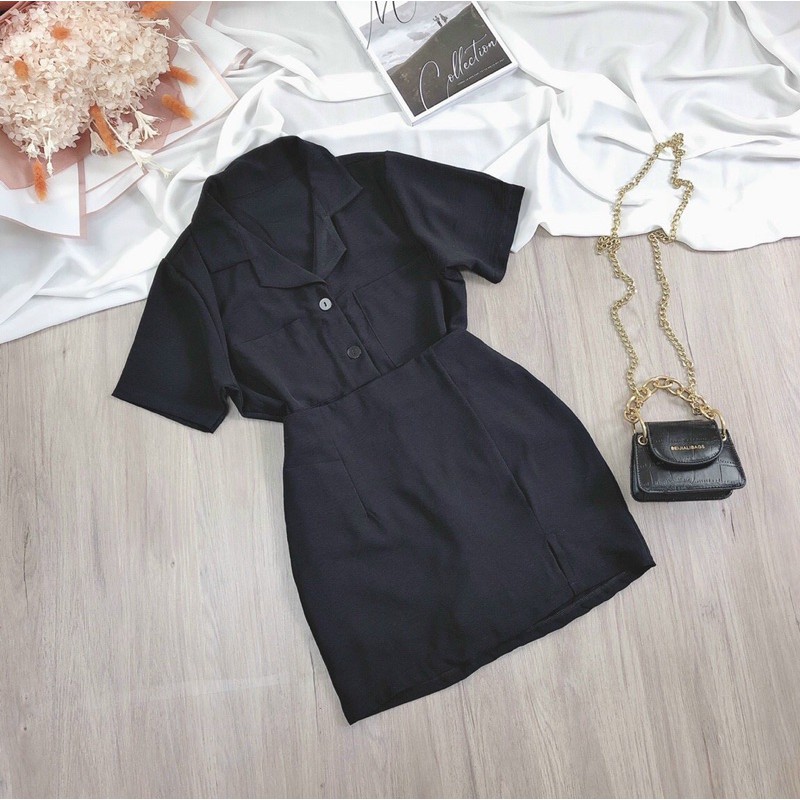 Set áo sơmi cổ vest chân váy đũi siêu xinh có may kèm quần trong chống lộ