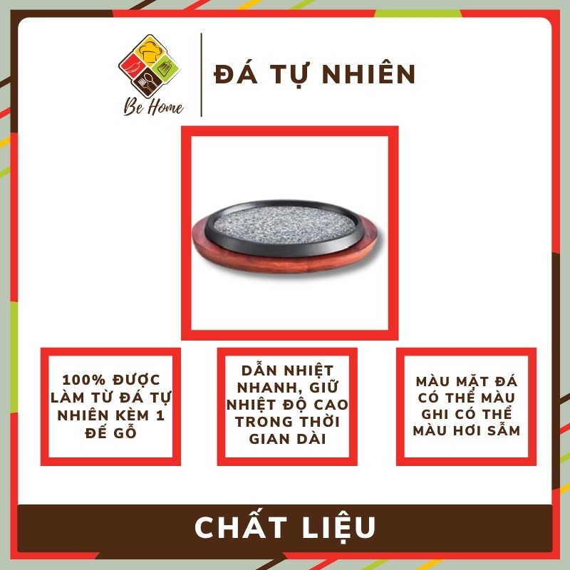 Behome Khay Đá Nướng Tròn - 100% Đá Tự Nhiên Kèm Đế Gỗ Không Ra Khói - BEHOME