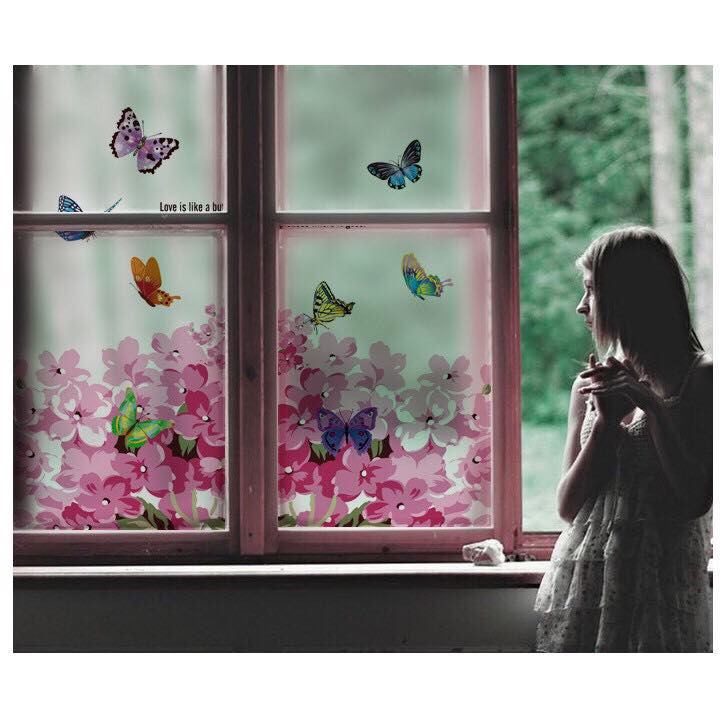 Decal trang trí kính cao cấp mẫu hoa bướm hồng (58x60cm)
