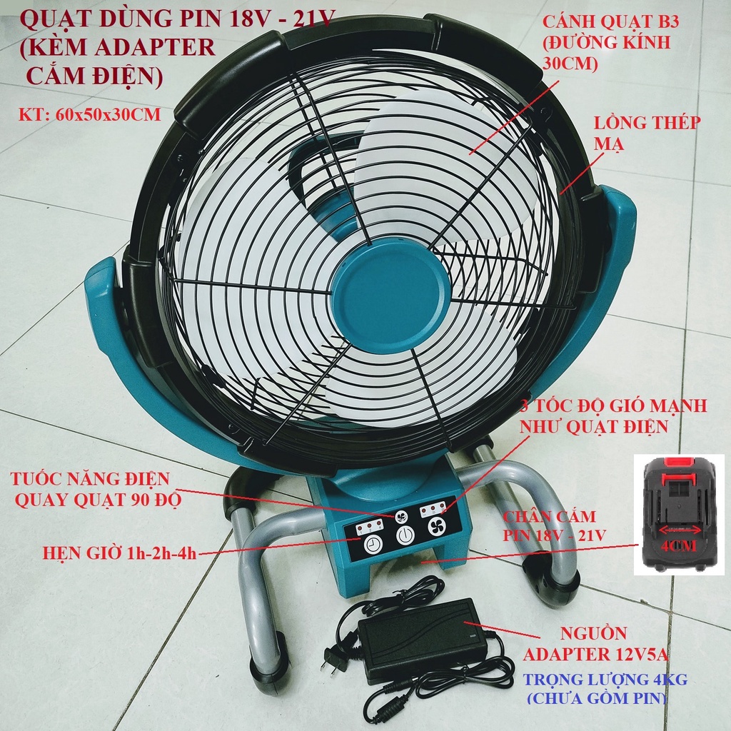 SV Quạt B3 dùng pin 18V - 21V (chung chân pin Makita), cánh 30cm có tuốc năng điện