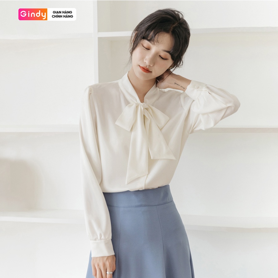 Áo sơ mi nữ lụa ngọc trai GINDY cổ thắt nơ tay dài dáng basic sang chảnh thời trang xuân hè, công sở A10112