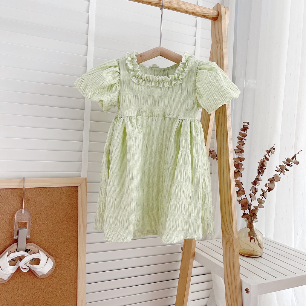 Váy hè cộc tay vảo xốp dãn màu trơn cho bé gái 8-19kg (1-5 tuổi)