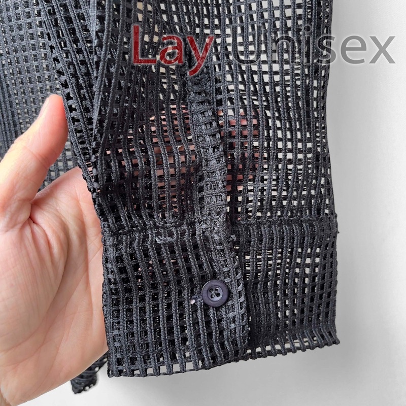 Áo sơ mi nam lưới tay dài xuyên thấu sexy form rộng