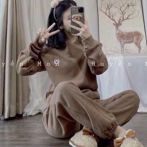 Set Nỉ Bông Form Rộng Tay Bồng Unisex Nam Nữ, Bộ Nỉ Áo Sweater Kèm Quần thêu logo chó Shiba Siêu Bassic