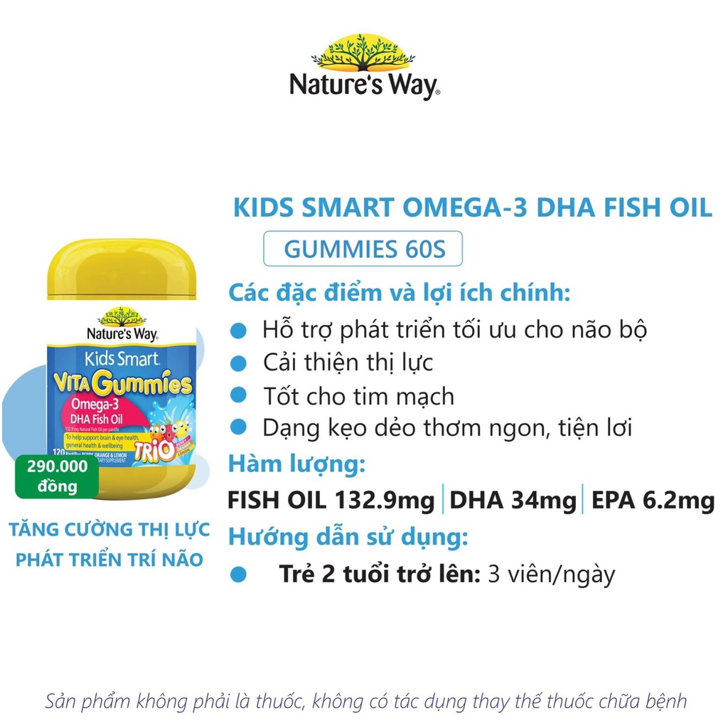 Kẹo dẻo Nature's Way Kids Smart Vita Gummies Omega-3 DHA Fish Oil hỗ trợ tăng cường sức khỏe