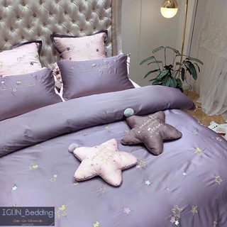 set LỤA CHÒM SAO HẠNH PHÚC tím bộ Chăn Ga Gối cưới  Lụa thêu cao  cấp