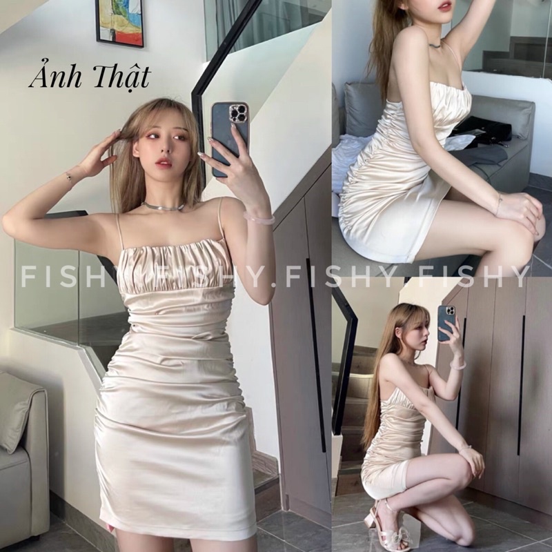 Đầm Body Lụa Satin Dự Tiệc Hai Dây Nữ Xếp Li Ngực Hack Dáng Có Bigsize DB. FISHY