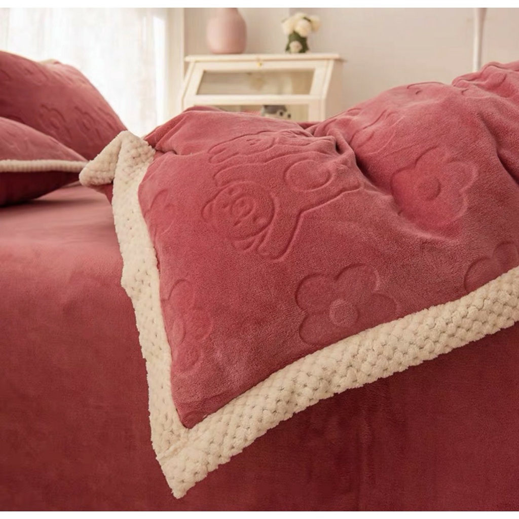 SÉT 4 MÓN CHĂN GA GỐI NỈ GẤU DẬP IN HOA HÀNG NHẬP,DẦY MỊN CHĂN CÓ KHÓA KÉO (KHÔNG KÈM RUỘT) - loại 1