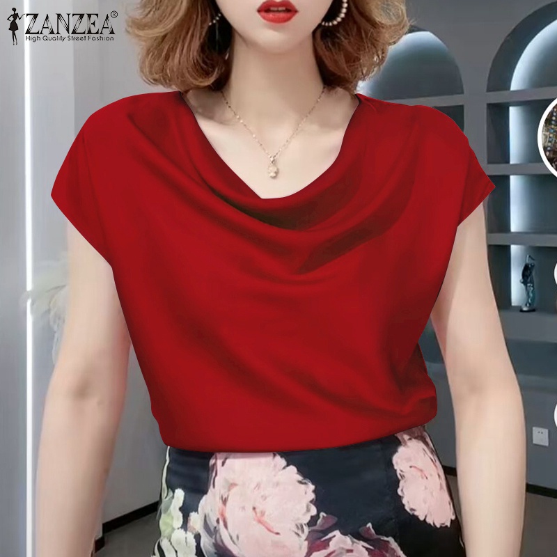 Áo kiểu ZANZEA vải satin tay ngắn màu trơn thời trang dành cho nữ