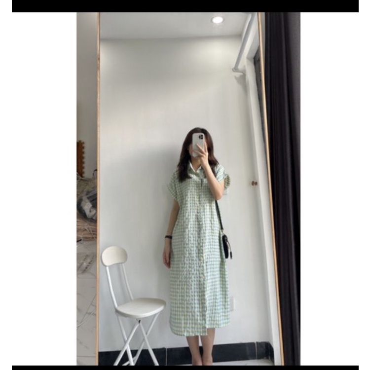 : Váy sơmi basic xốp kẻ ô dáng suông đủ màu bầu bí mặc thoải mái kèm ảnh thật