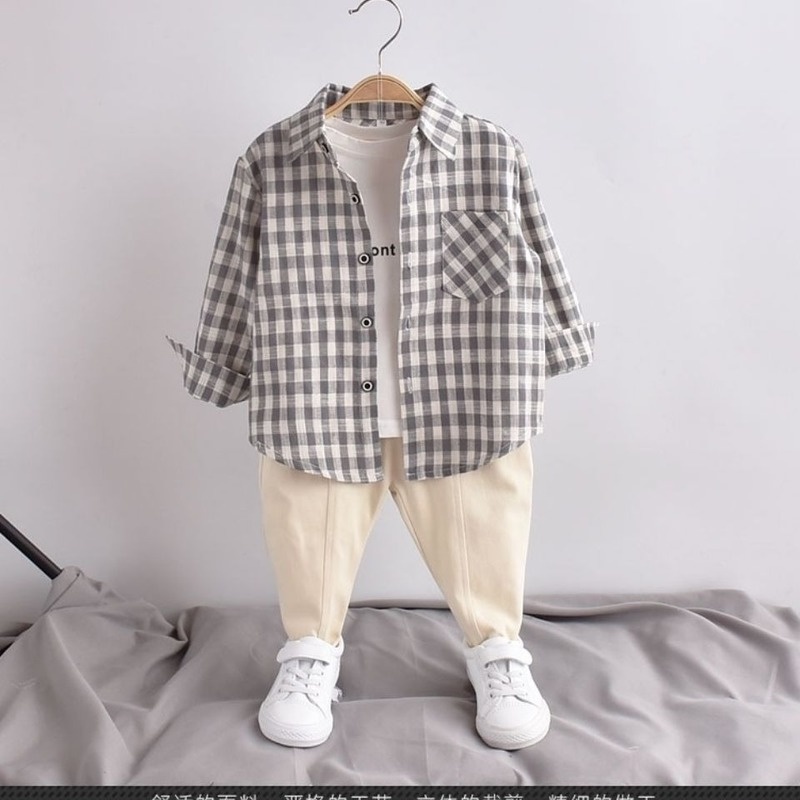 Áo sơ mi Cotton lanh tay dài họa tiết kẻ sọc thời trang xuân thu cho bé trai
