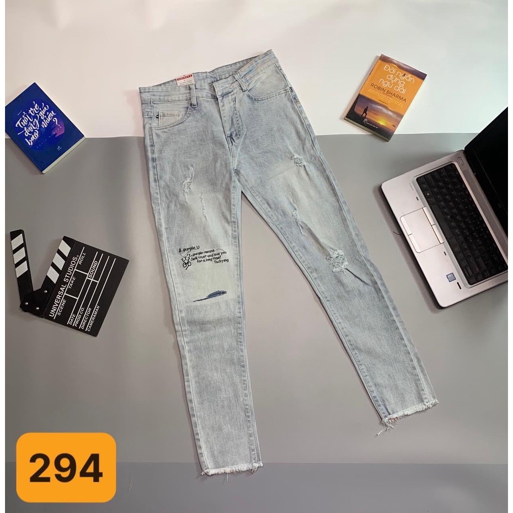 Quần jean nam quần bò phong cách rách gối thêu chữ cá tính năng động chất vải co dãn thoải mái