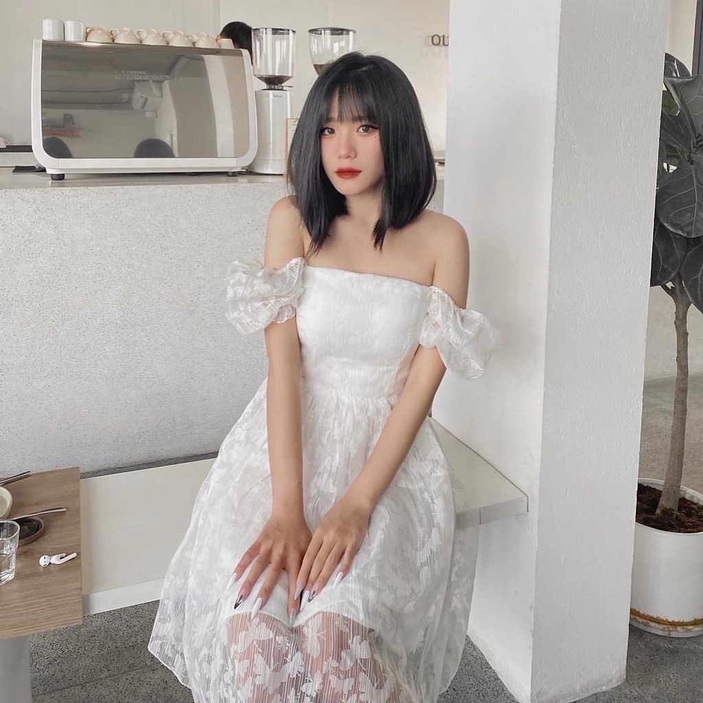 Đầm tay phồng hở lưng Rose Dress chất voan hoa mai hàng may kỹ chuẩn form