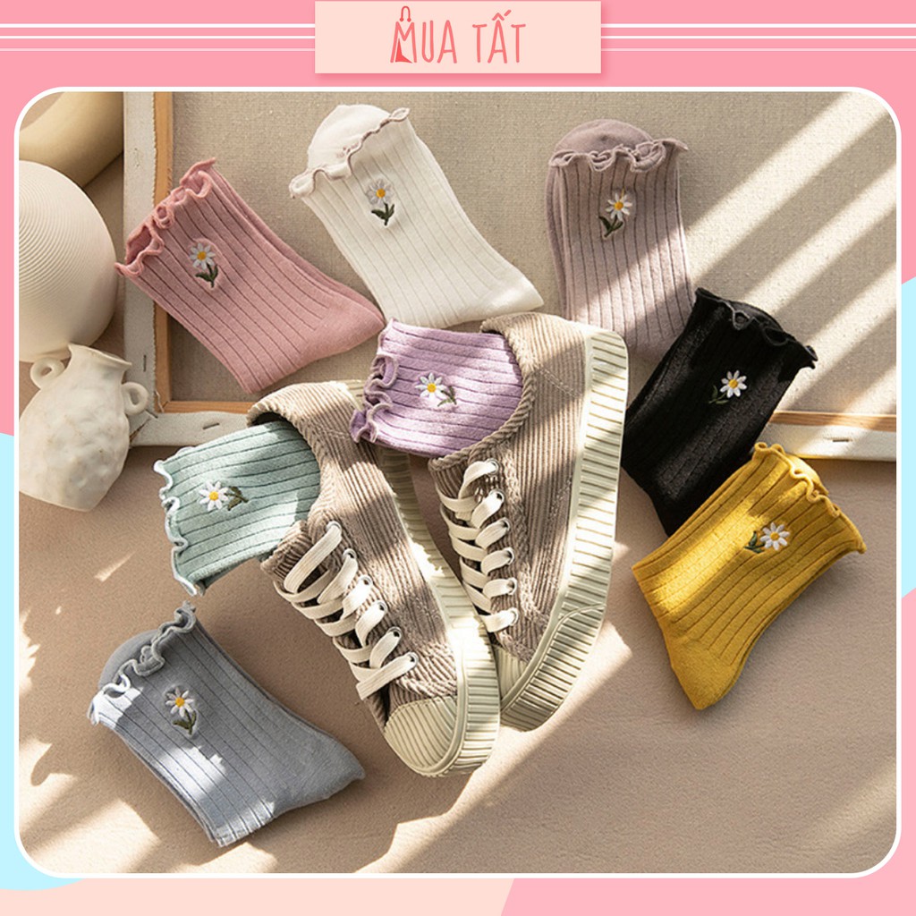 Vớ dài/ tất dài cổ viền xoăn Mua Tất thêu hình hoa cúc cho nữ (muatatshop)