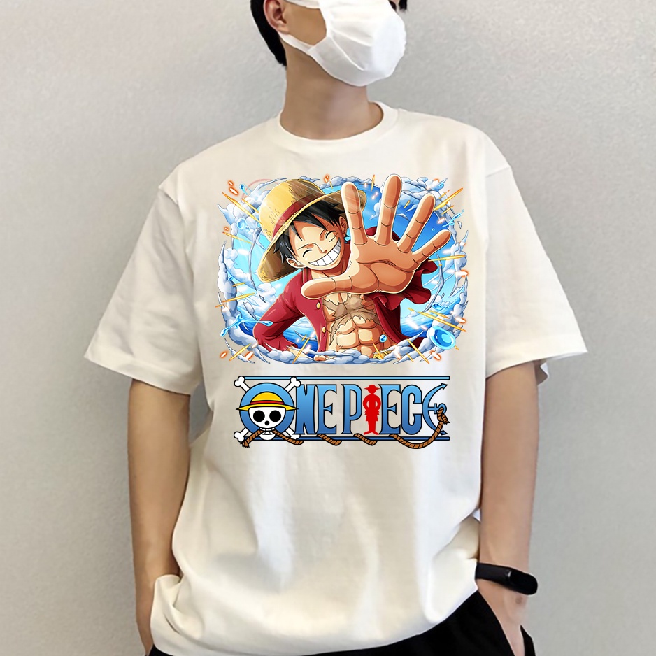 Áo thun nam nữ tay lỡ vải cotton màu trắng Hạ Băng Designs - Luffy 005