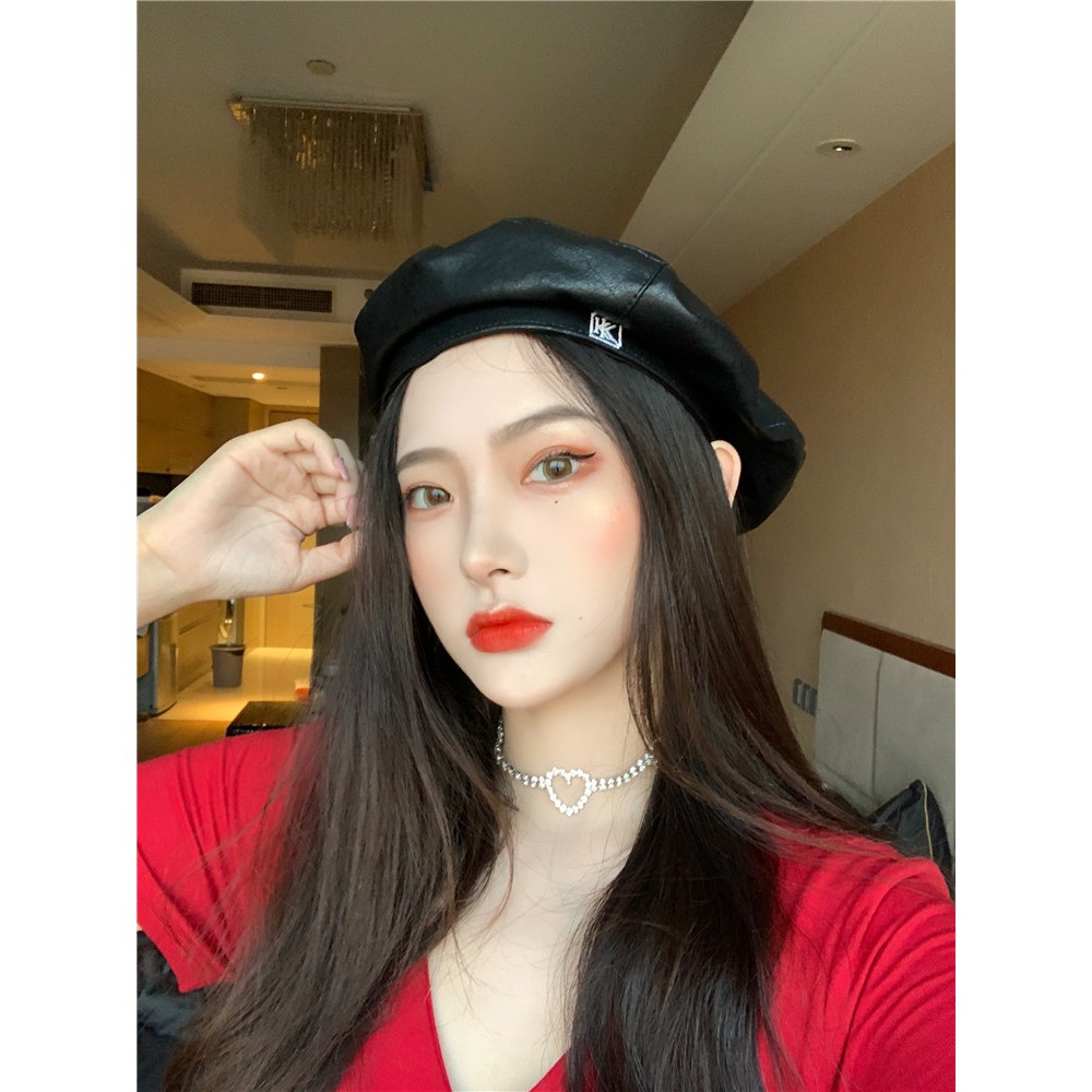 Mũ Beret Da pu Màu Trơn In Chữ Phong Cách Hàn Quốc Thời Trang Thu Đông Cho Nữ