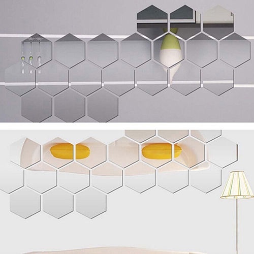 Đề Can Dán Tường Bằng Nhựa Acrylic Tráng Gương Hình Lục Giác Màu Vàng / Bạc Trang Trí Phòng Khách / Phòng Ngủ