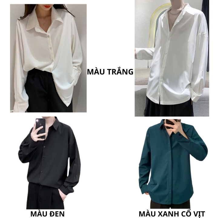 Áo sơ mi form rộng nữ nam Oversize màu trắng đen xanh cổ vịt tay dài dáng rộng kiểu Hàn Quốc vải lụa mềm mịn MRD02